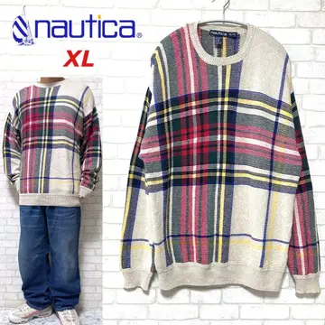 NAUTICA 체크 무늬 니트 스웨터 면린넨 크루넥 멀티 컬러