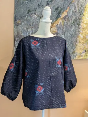 울 네이비 미사용 옷감 기모노 리메이크 7부 소매 풀오버