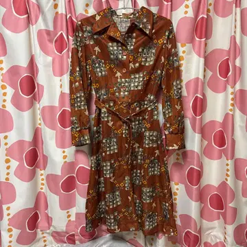 쇼와 레트로 브라운 꽃무늬 셔츠 원피스 새