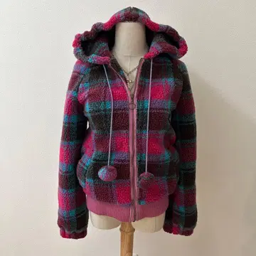 y2k archive 폼폼 포함 보아 후드티 체크 보라색 핑크