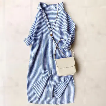 레어 야누크 린넨 셔츠 원피스 롱 스트라이프 블루