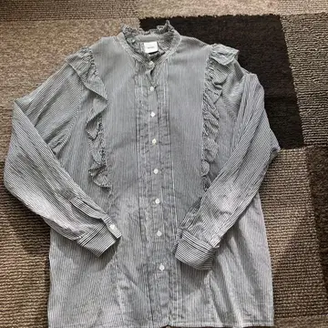 코튼 실크 스픽 앤 스팬 프릴 블라우스 스트라이프 긴팔 F 사이즈