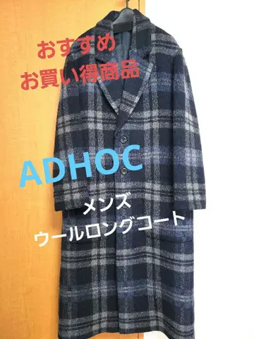 ADHOC 롱 코트 울 체크 무늬 남성용