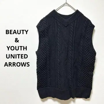 뷰티 앤 유스 케이블 짜임 슬리브리스 베스트 네이비 울