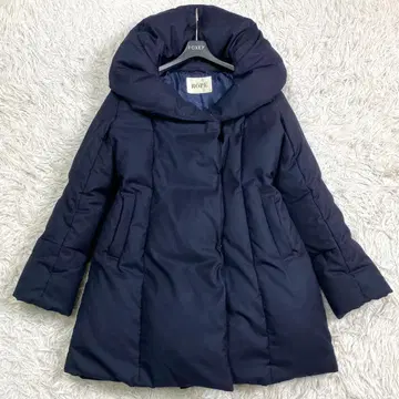 새상품급 로페 롱 다운 코트 숄카라 빅 후드 여배우 옷깃 L 다크 네이비