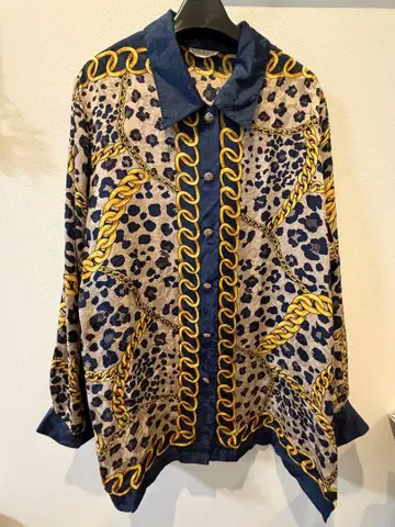실크 100% 블라우스 체인 표범 무늬 레오파드 골드 버튼 긴팔 셔츠