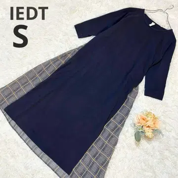 [ IEDIT ] 도킹 원피스 롱 기장 체크 무늬 플리츠 네이비 S
