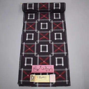 M02-6 새상품 보관품 쿠루메 카스리 면 명주 직물 블랙 네이비 사각