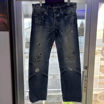 데미지 가공 다크 블루 데님 청바지 32