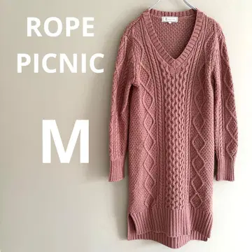 로페피크닉 케이블 짜임 V넥 니트 원피스 브라운 M