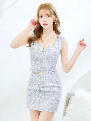 Jewels 체크 트위드 셋업 타이트 미니 드레스