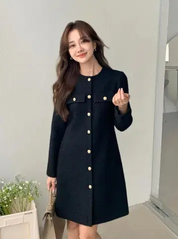 BIRTHDAY BASH 골드 버튼 트위드 원피스