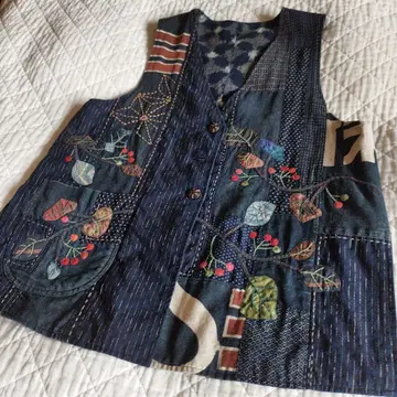 빈티지 원단 쿠루메가스리 자수 그림 무늬 네이비 나염