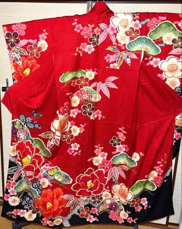 빨간색 x 블랙 송죽매 대륜 동백 후리소데 기장 157