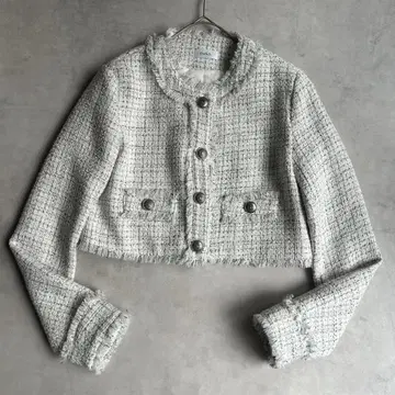 25SS 다리치 컴팩트 프린지 트위드 자켓 노카라 은색 버튼