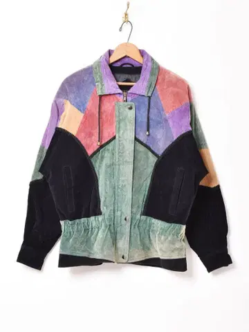 [90S] 멀티 컬러 패치워크 리얼 가죽 자켓 빈티지