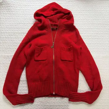 새상품급 45RPM 후드 부착 집업 니트 가디건 울 혼방 레드