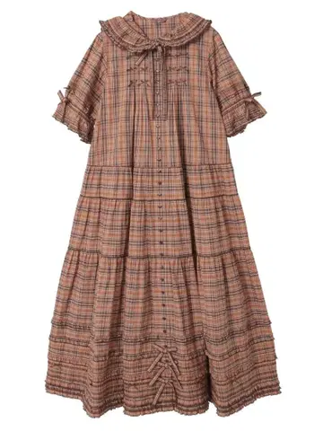 핑크하우스 토끼 귀 후드 부착 오리지널 체크 원피스