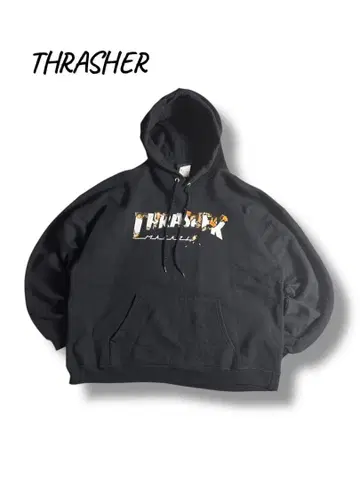 Y2K 레어 디자인 THRASHER 트레셔 불꽃 로고 후드티 블랙