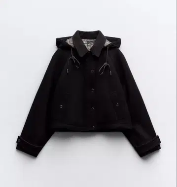 크롭 후드 울 블렌드 자켓 M 블랙