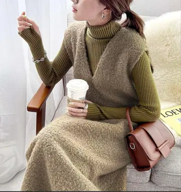 페이크 반지 울 V넥 오버롤 스커트