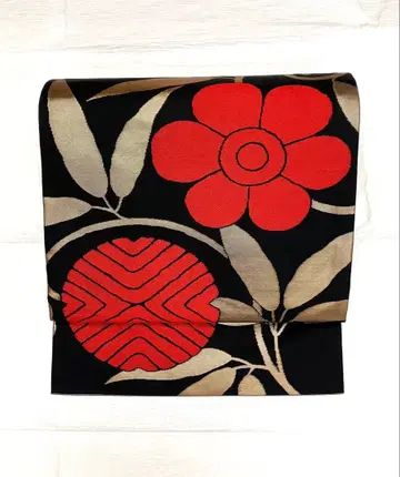 나고야 오비 순수 실크 세미 앤티크 블랙 빨간 꽃 금