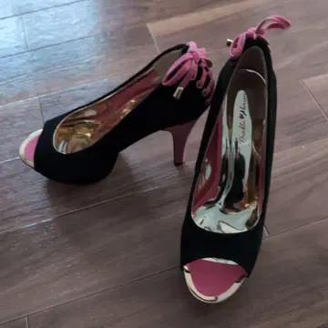 블랙과 핑크 오픈토 하이힐 레이스업 사이즈 24