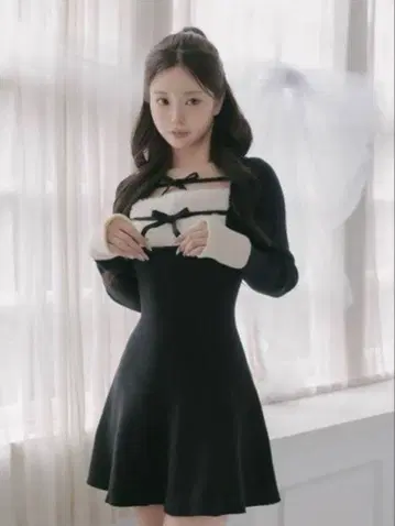 Darich 리본 퍼 플레어 니트 미니 원피스 FL