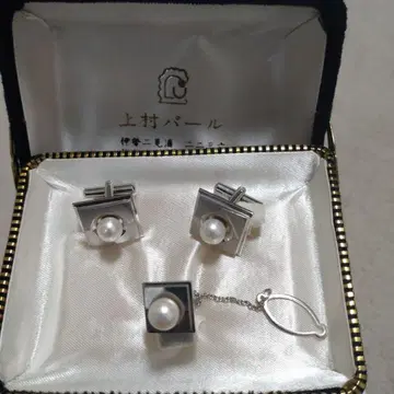 우에무라 펄 실버 펄 커프스 & 넥타이핀