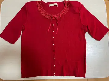 새상품급 핑크하우스 빨간색 프릴 반팔 가디건