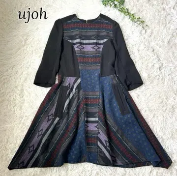 ujoh 멀티 컬러 패턴 패널 드레스 이소재 절개 플레어
