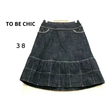 투 비 시크 38 블랙 데님 절개 플레어 스커트 스티치 펄 신축성