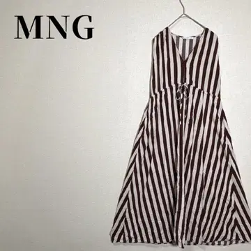 망고 스트라이프 패턴 V넥 롱 원피스 허리 마크 브라운 사이즈 S