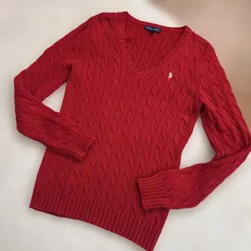폴로 랄프로렌 케이블 니트 빨간색 골드 포니 자수