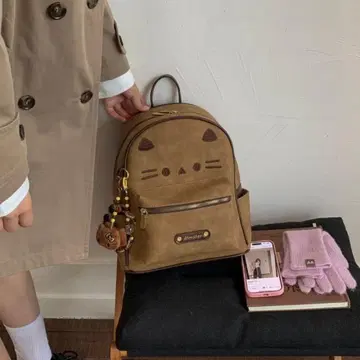 고양이 얼굴 디자인 백팩 브라운 중형
