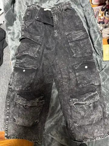 빈티지 케미컬 블리치 헤비 와이드 카고 데님