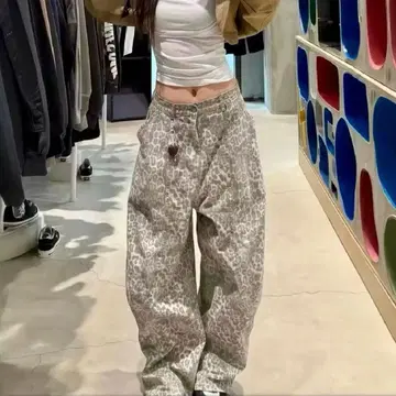 와이드 팬츠 레오파드 무늬 데님 레오파드 무늬 Y2K 가을/겨울 스트릿