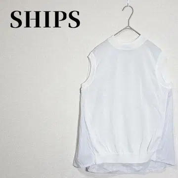 SHIPS 쉽스 이소재 절개 슬리브리스 니트 x 스트라이프 상의 일본제