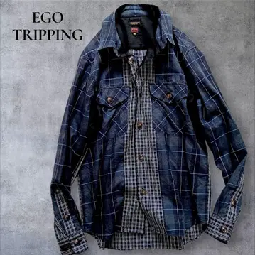 EGO TRIPPING 긴팔 셔츠 체크 절개 큰 버튼 네이비