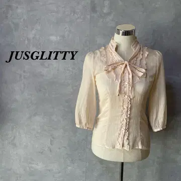 저스길리티 블라우스 리본 타이 프릴 핑크 베이지 M 0197