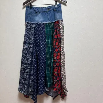데님 패치워크 롱 스커트