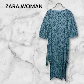 자라 우먼 스카이블루 자수 패턴 롱 원피스 7부 소매 뒷 버튼 M 사이즈