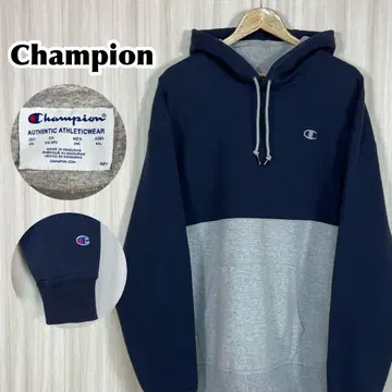레어 Champion 풀오버 후드티 2XL 절개 배색 속기모 자수 로고