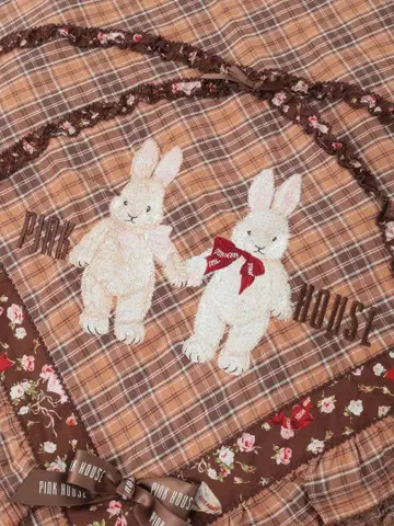 핑크하우스 장미 정원 토끼 자수 오리지널 체크 스톨 새상품