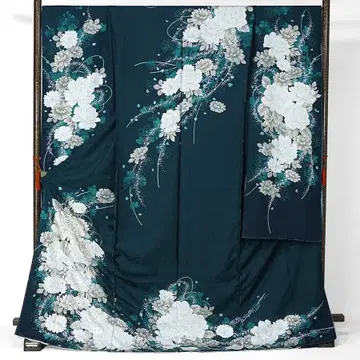 후리소데 미재단 가봉 그린 고려남색 모란 금실 자수 성인식