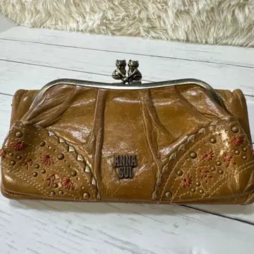 ANNA SUI 안나수이 가마구치 장지갑 고양이 금장 장식 가죽 베이지
