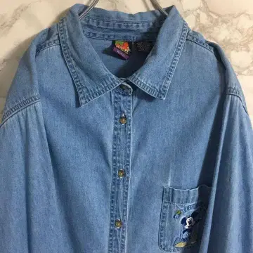 디즈니 미키 캐릭터 자수 원포인트 자수 데님 셔츠 파란색 L 상당