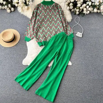 셋업 긴팔 니트 니트 팬츠 그린 컬러 보더 가을 겨울 코디 홈웨어 멋쟁이