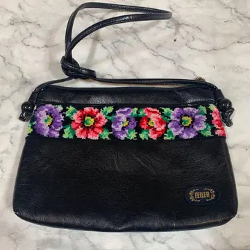 FEILER 꽃무늬 자수 숄더백 블랙 가죽