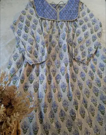 꽃무늬 긴팔 셔츠 원피스 인도 면 핸드메이드 작은 키 롱 원피스